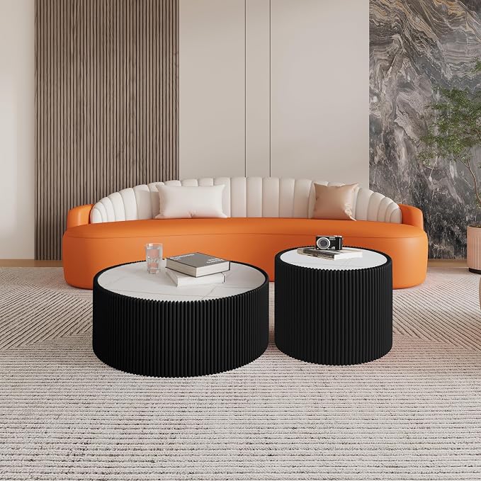 29.52" Round Marble Coffee Table, Modern Fluted Coffee Table w/White Sintered - Image 7