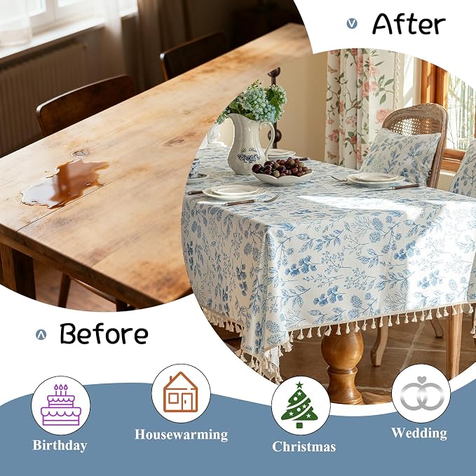 VClife Table Cloth Blue and White Table Cloth Rectangle Tablecloth Rustic - Image 6