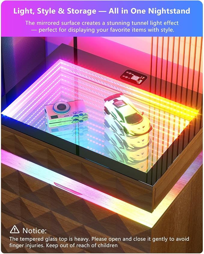 Wood Night Stand with Charger Station & RGB Lights, LED Bedside Table with - Image 5