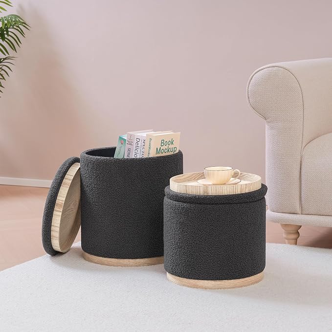 PINPLUS Round Ottoman with Storage Set of 2, Storage Ottoman with Tray - Image 8