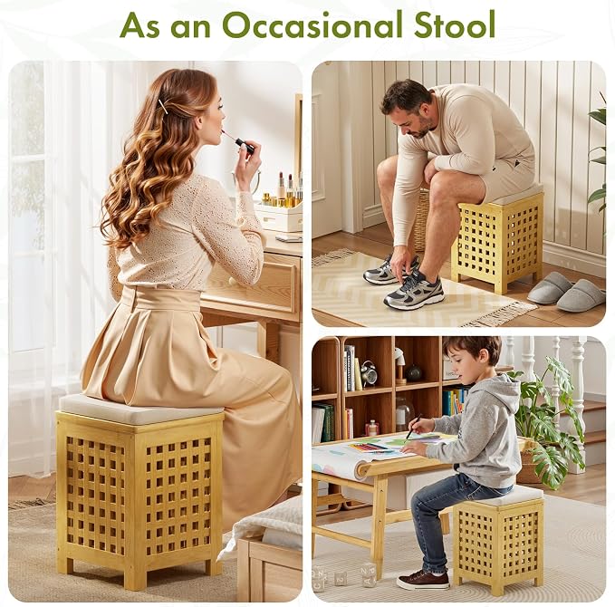 Bamboo End Table with Removable Cushion and Hidden Storage, 2-in-1 Ottoman Side - Image 7