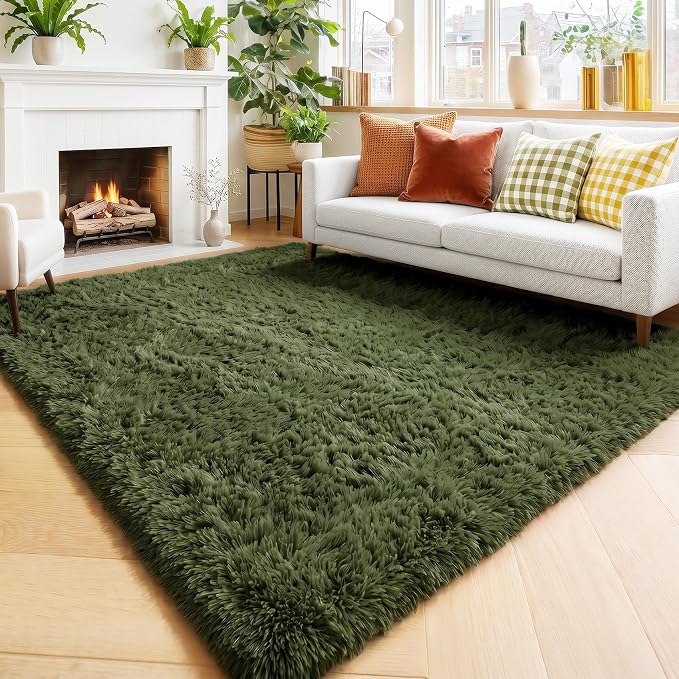 Amdrebio Olive Green Shaggy Area Rug 5x7 by Amdrebio