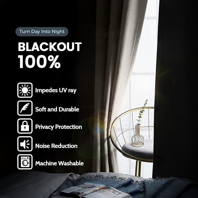 SimpleHome Natural 100% Blackout Curtains Room Darkening Living Room 54L | - Image 3