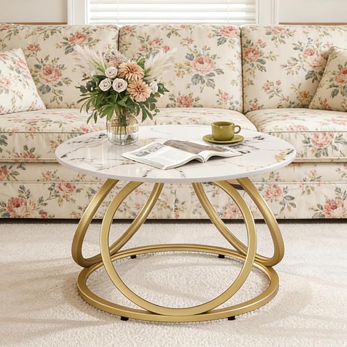 O&K FURNITURE Modern Gold Coffee Table, Faux Marble Pattern Center Table - Image 5