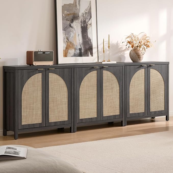 SICOTAS 102"W Rattan Sideboard Buffet Cabinet Set of 3, Modern Credenza Storage by SICOTAS