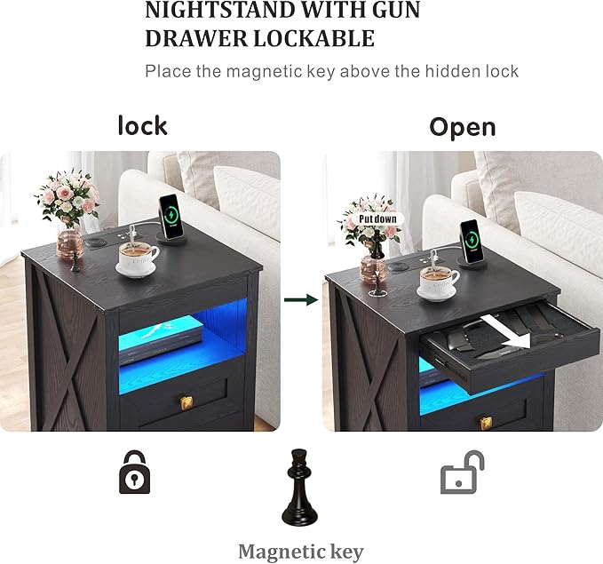HWB LED Nightstand with Gun Drawer: Bedside Table with Charging Station - Image 5