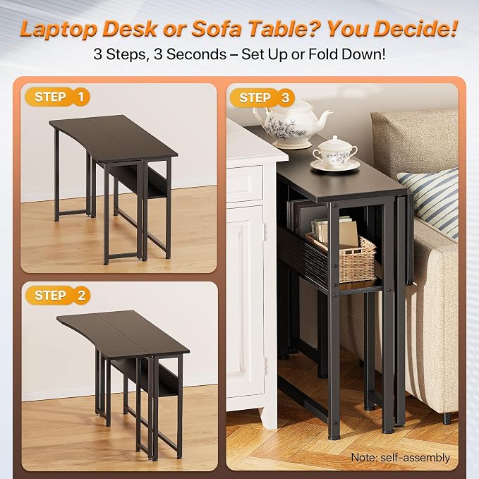 Huuger Folding Desk with Storage Shelf, 39.3 Inch Foldable Computer Table - Image 4