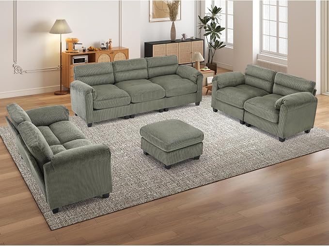 HAOMARKETS Corduroy Sofa Set, Upholstered Ottoman, Loveseat Set of 2, and by HAOMARKETS