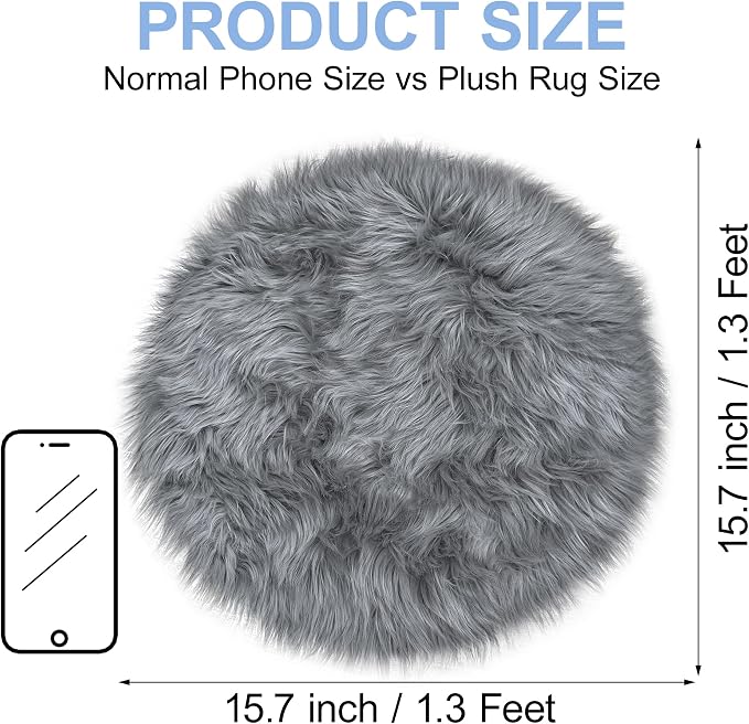 15.7 Inch Grey Mini Round Faux Fur Sheepskin Rugs Small Fluffy Circle Rug - Image 2