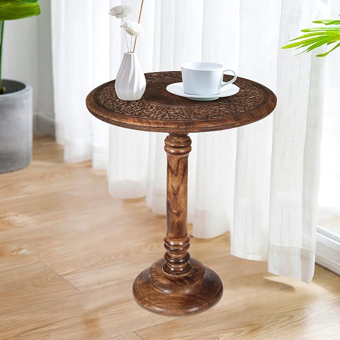 Lightnpro Hand Carved Solid Mango Wood Round Pillar Accent Table - Image 2