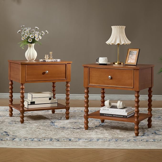 AMERLIFE 24" Wooden Nightstand Set of 2, Vintage Bedside Table - Image 9