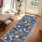 Floral Washable 2x6 Area Rugs Runner Entryway Hallway Blue/Grey | Flower Carpet by RELEANY