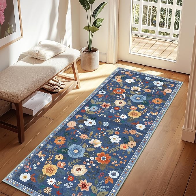 Floral Washable 2x6 Area Rugs Runner Entryway Hallway Blue/Grey | Flower Carpet by RELEANY