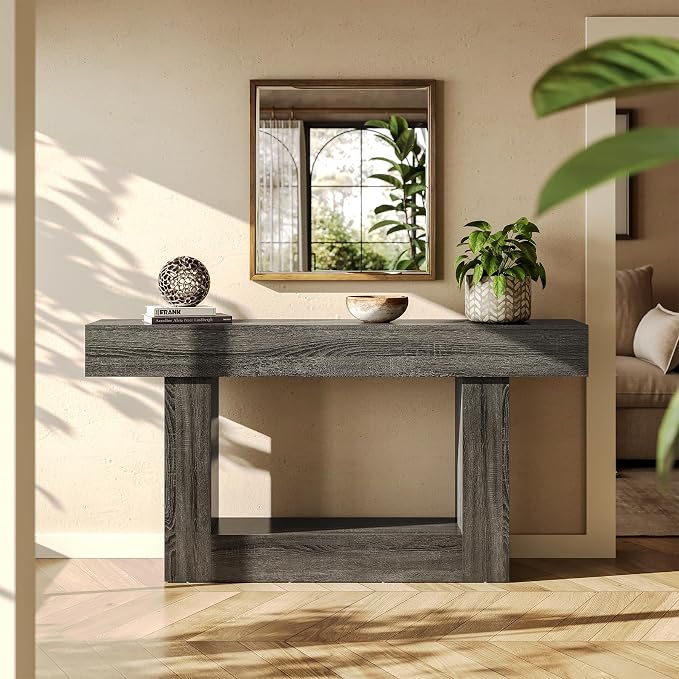 LITTLE TREE 63 Inches Long Console Table, 2-Tier Farmhouse Sofa Table Behind - Image 4