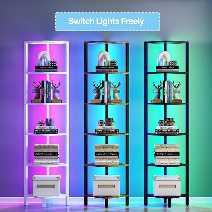 TUTOTAK Corner Shelf with LED Light, 6-Tier Corner Bookshelf - Image 4