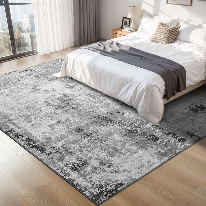 Area Rug 4x6 Grey Rug Washable Boho Rugs Non Slip Low Pile Abstract Small Carpet - Image 3