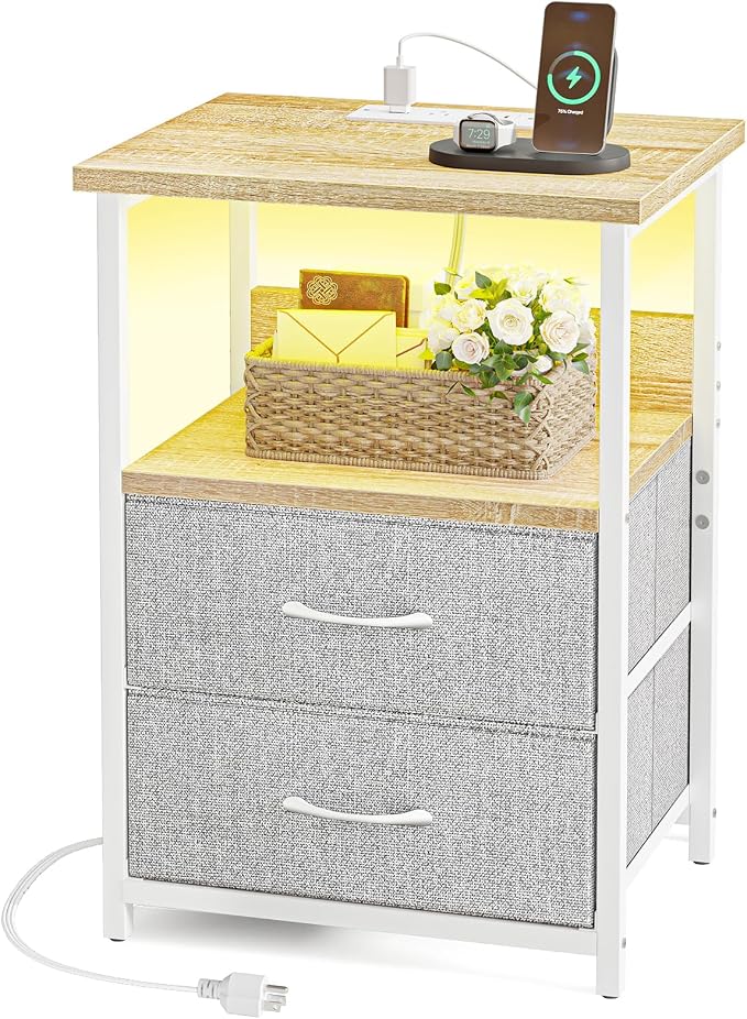 Fixwal Night Stand with Charging Station, LED Nightstand with U-S-B Ports and - Image 7