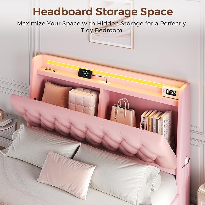 Full LED Velvet Bed Frame with 2 Storage Drawers&Hidden Headboard, Upholstered - Image 4