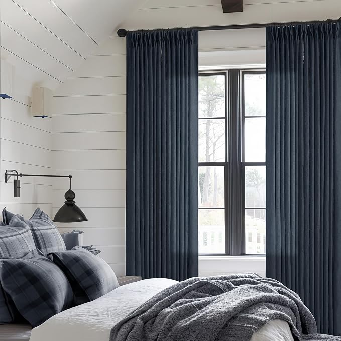 Navy Blue Linen Pinch Pleated Curtains 108 Inches Long 2 Panels | Light by Twodrapes