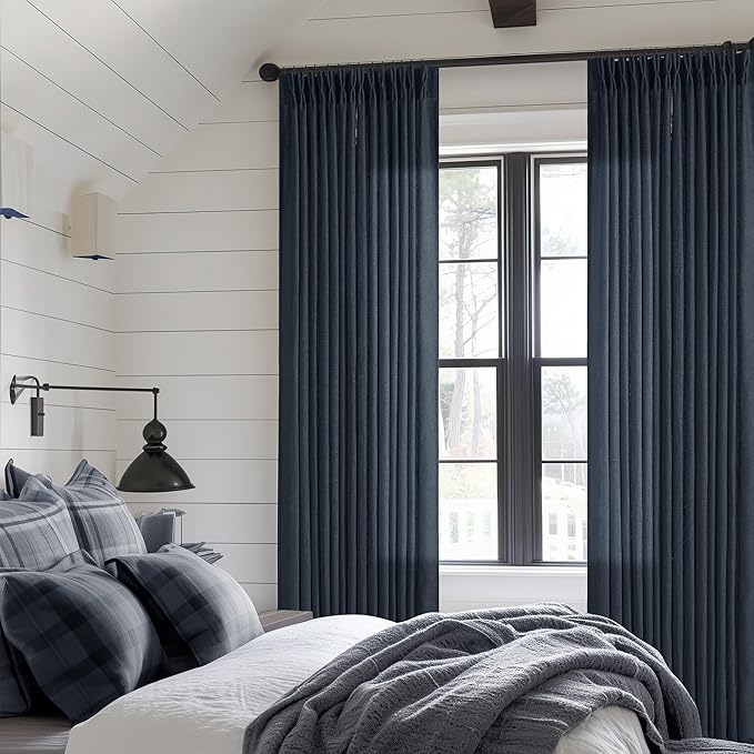 Navy 90 Inch Linen Semi Sheer Curtains Pinch Pleated 2 Panels | Light Filtering - Image 6