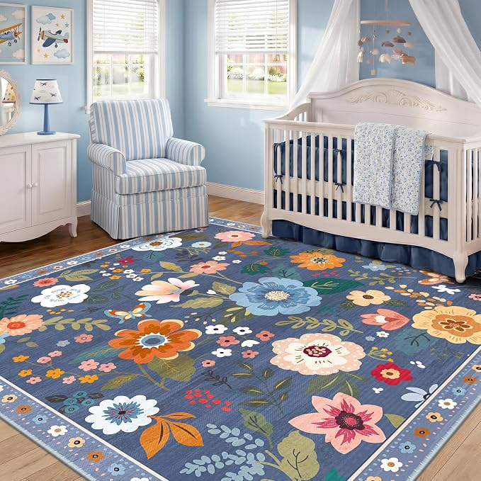 RELEANY Floral Washable Square 4ft Area Rug Blue/Grey | Flower Carpet Print - Image 9