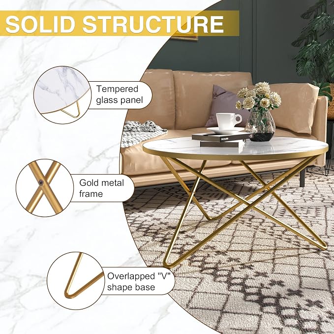 HLR Round Coffee Table with White Faux Marble Top - Image 3
