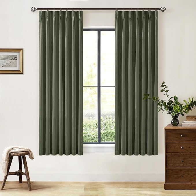 Olive Green 63 Inch Length Blackout Pinch Pleated Linen Curtains by Twodrapes