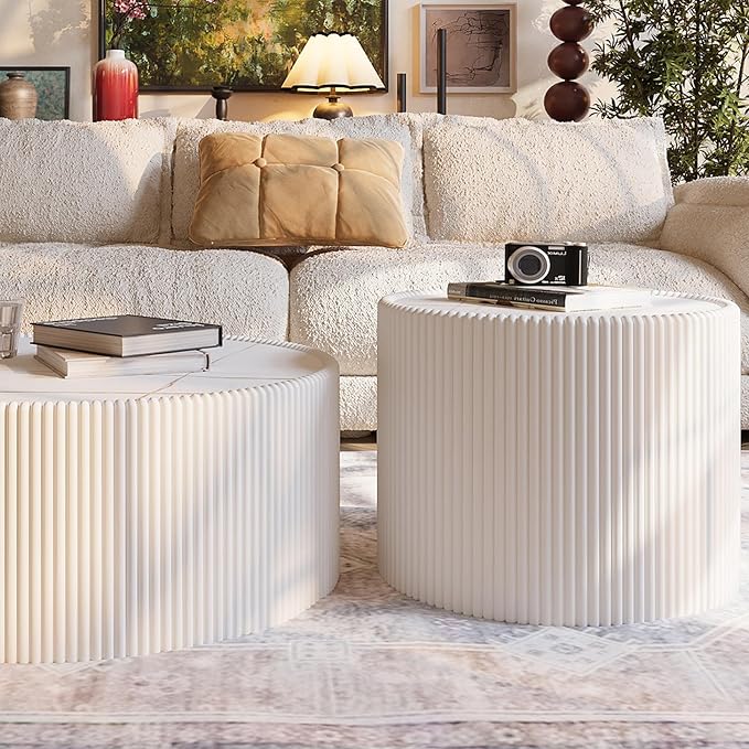 White Marble Coffee Table Set of 2, 29.52" Round Flued Coffee Table and End - Image 7