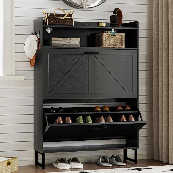 BORNOON Shoe Cabinet with 2 Flip Drawers Narrow Shoe Storage Cabinet Organizer by BORNOON
