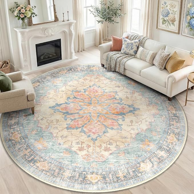 RELEANY Washable Area Rug, Round 6ft, Water Repellent, Pet Friendly, Vintage by RELEANY