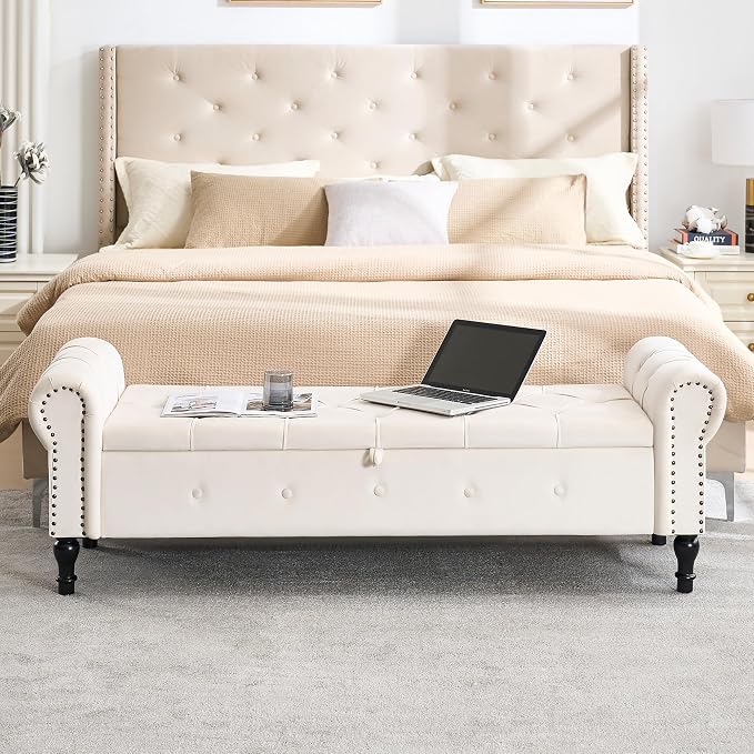 Storage Bench for Bedroom, Velvet 67" End of Bed Bench, King Size Bench - Image 4