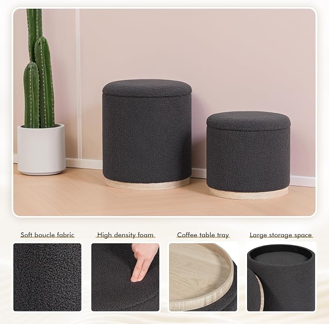PINPLUS Round Ottoman with Storage Set of 2, Storage Ottoman with Tray - Image 4
