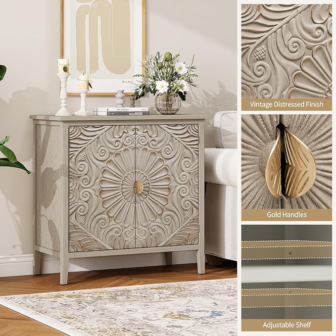 Carved Buffet Cabinet with Floral Pattern & Gold Handle, 31.5" W Distressed - Image 5