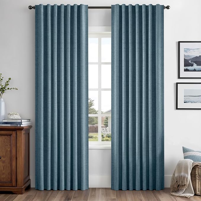 MIULEE 100% Blackout Linen Curtains 42 x 90 Inch Stone Blue 2 Panels | Thermal by MIULEE