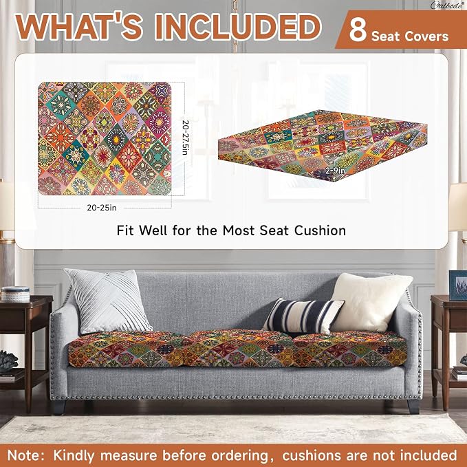 CALBODE 8Pcs Stretch Patio Cushion Cover, Bohemian Colored Geometric Pattern - Image 2