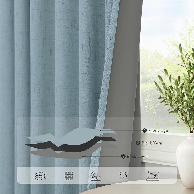 Dusty Blue Blackout Curtains for Nursery 54 Inch Length 2 Panel Chic Linen Look - Image 6