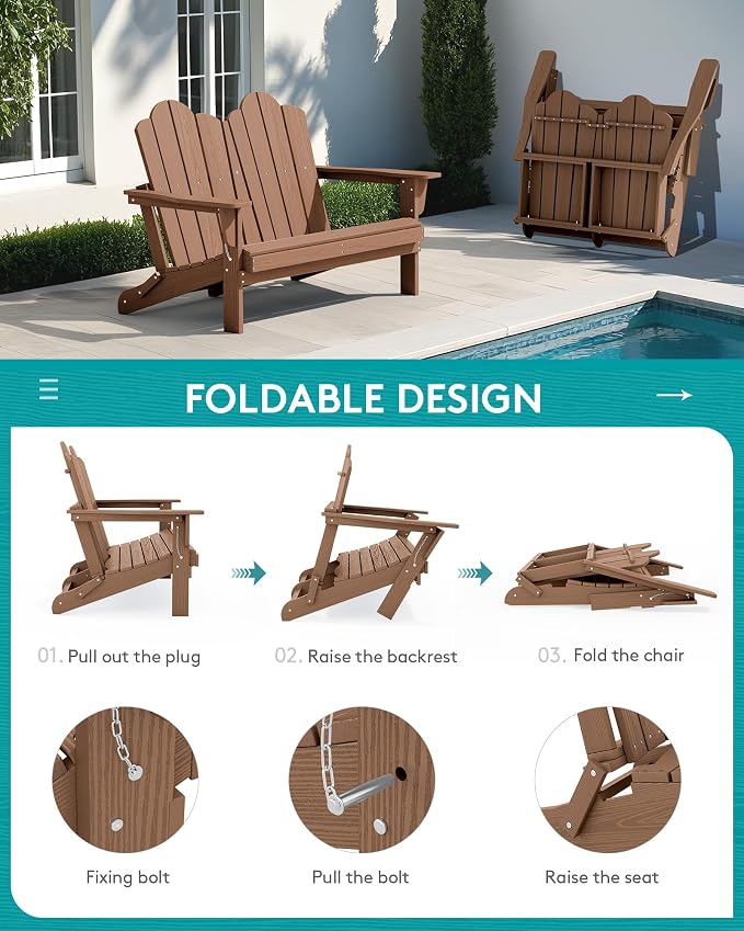 SERWALL Folding Adirondack Bench, HDPE All-Weather Adirondack Loveseat - Image 6