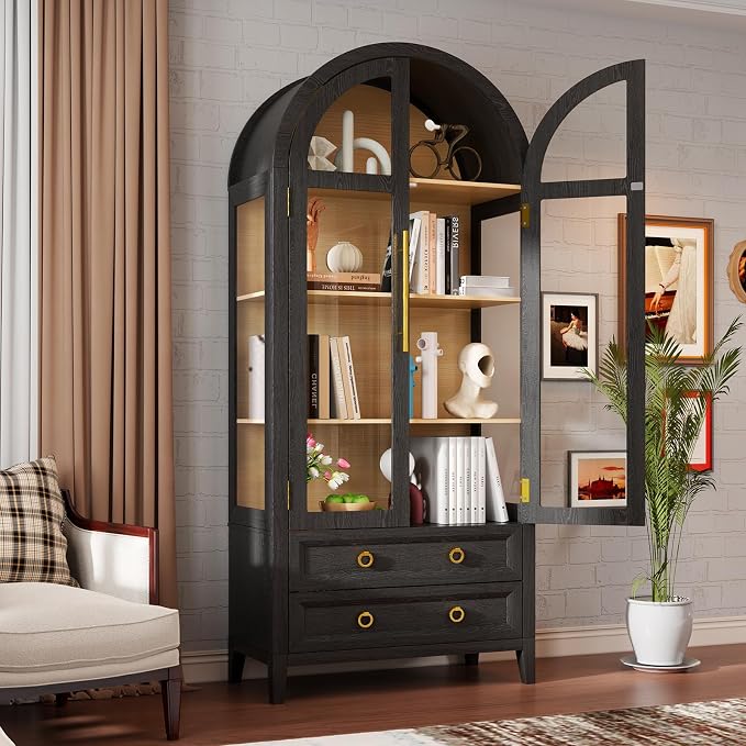 Arched Curio Cabinet with Glass Doors, 4-Tier Display Cabinet with 2 Drawers - Image 7