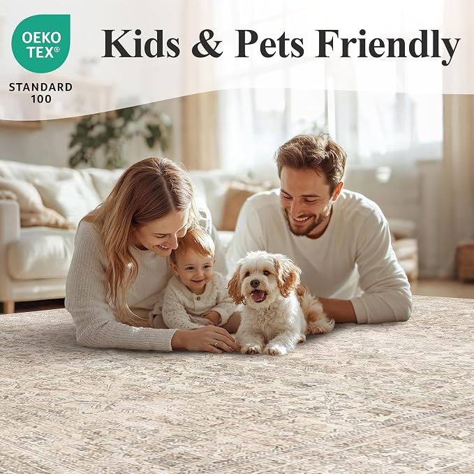 Schweek 4ft Round Rug Neutral Beige Washable Non-Slip Circle Rug Area Rugs | - Image 7