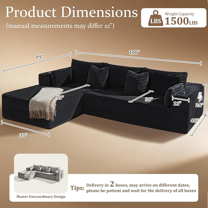 108" Oversized Cloud Sectional Couch, Comfort U Shaped Sofa - Image 2