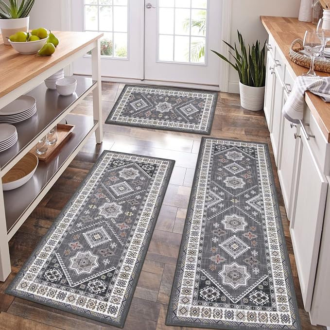 HEBE Boho Kitchen Rugs Set of 3, Non Slip Washable Kitchen Mats by HEBE