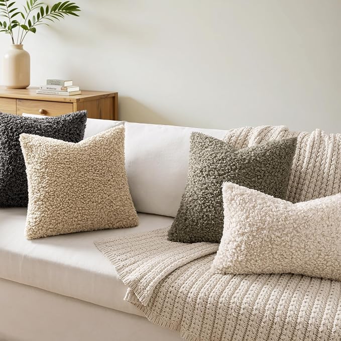 Faux Fur Throw Pillow Covers 20x20 Inch Set of 2 Boucle Neutral Decorative - Image 2