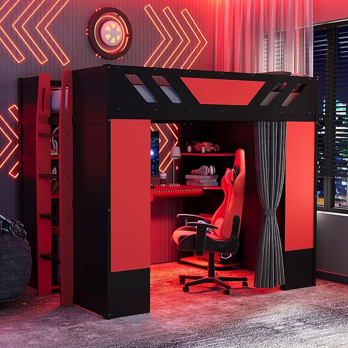 Full Size Wood Loft Bed with Built-in Workstation, Smart Storage, RGB Lighting by Bekeknlny