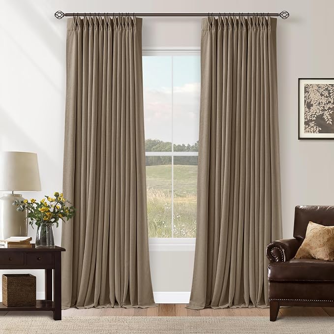 Latte 96 Inch Pinch Pleated Blackout Linen Curtains by Twodrapes