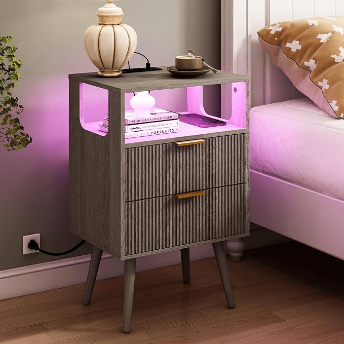 JOONEE Nightstand with Charging Station and LED Lights, Modern Bedside Table by JOONEE