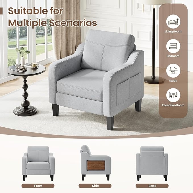 Accent Chair for Living Room Modern Linen Upholstered Armchair Side Wooden - Image 5