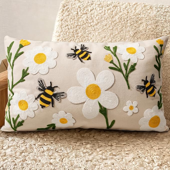 Embroidered Lumbar Pillow Cover 20x12 Inch, Flower Bee | Decorative Throw by Kokaaee