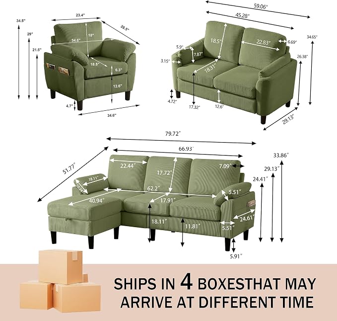 4 Piece Modern Corduroy Sofa Set, L-Shaped Sectional Couch - Image 2
