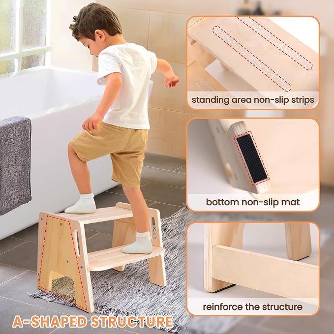 Toddler Step Stool, Wooden Height-Adjustable 2-Step Stool - Image 2