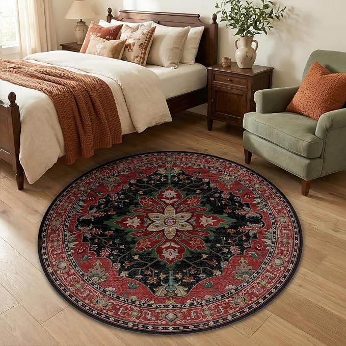 RELEANY Area Rugs Round 4ft Washable Non-Slip, Floral Vintage Distress Print - Image 3